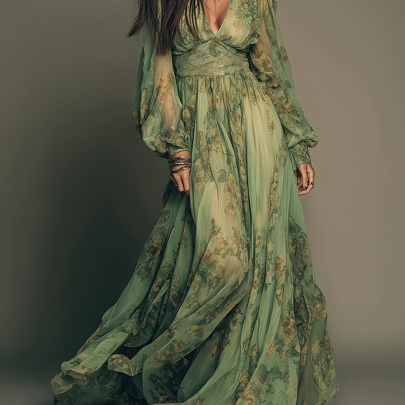 Vintage Green Bohemian Floral Print Ruffle Hem Maxi Dress