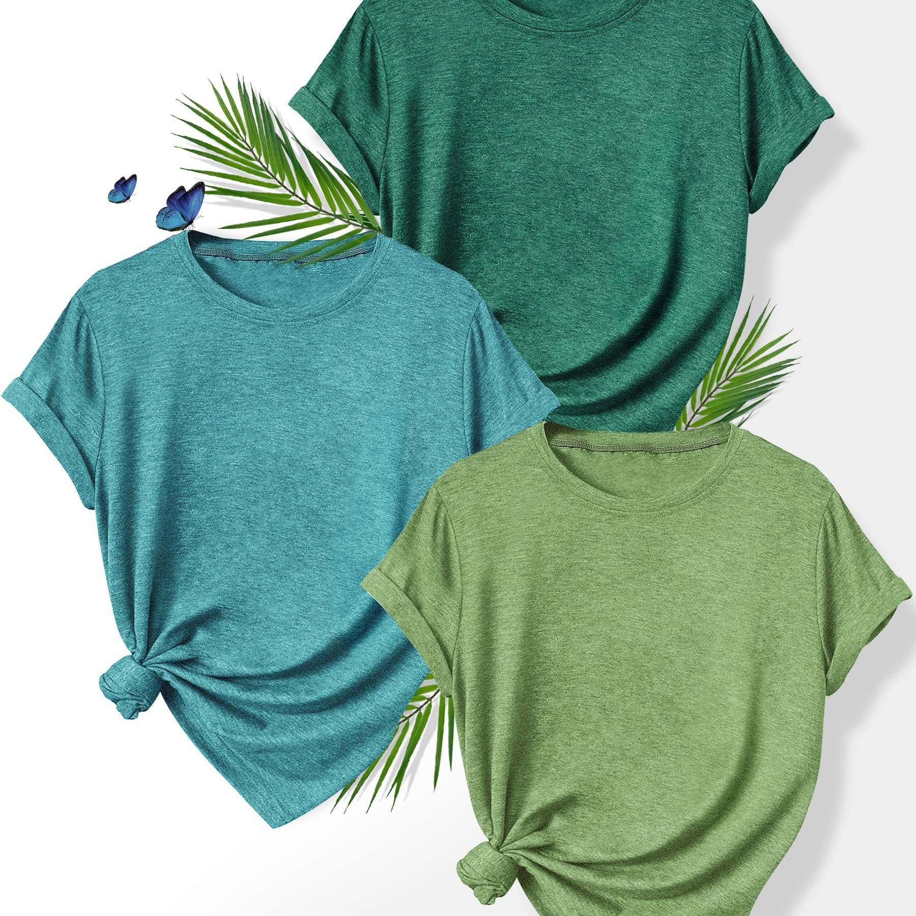 E-shop 3er-Set einfarbige, schlichte, unbedruckte Oberteile in gemischtem Stil: Einfarbige, modische Damen-Sommer-T-Shirts im Vintage-Stil, lässig,