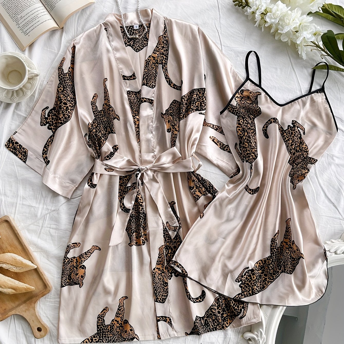 Image of Leopard Print Autumn/winter New Y Four-season Lace-up Sleep Robe And Nightgown Two-piece Set