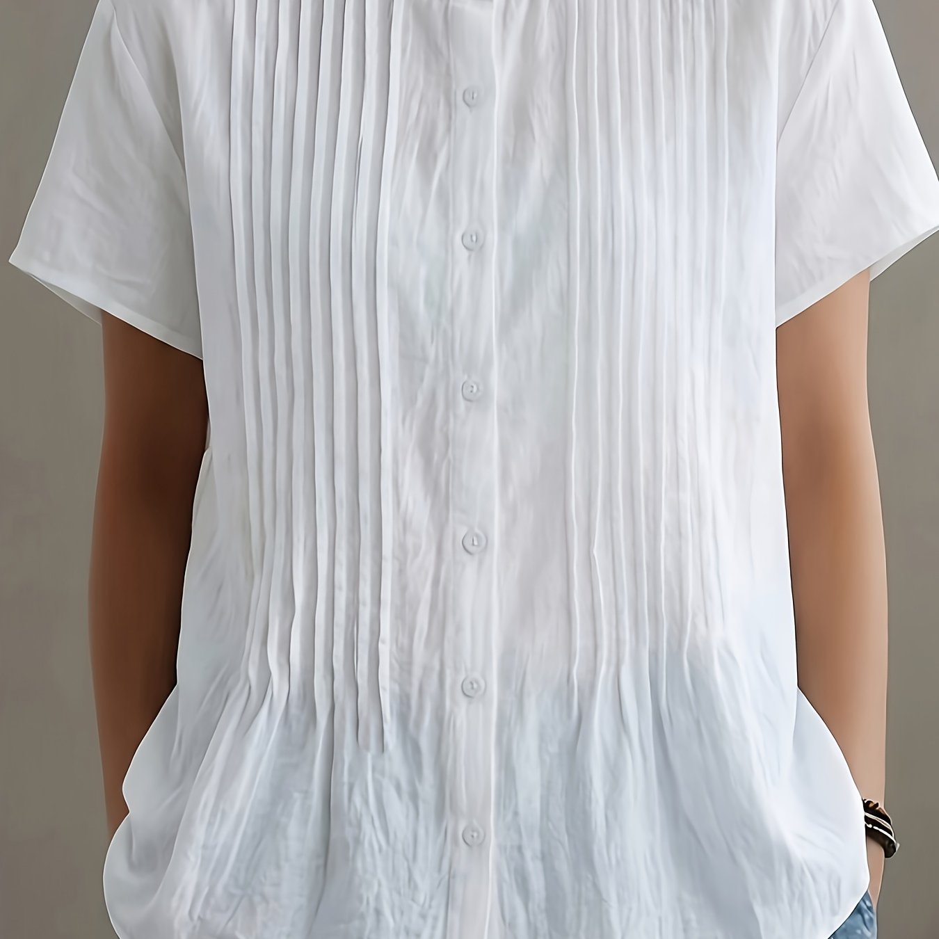 E-shop Damen-Shirt im Urlaubsstil mit Stehkragen kurzen Ärmeln, plissiertes, locker geschnittenes Oberteil mit kurzen Ärmeln, atmungsaktiv bequem,