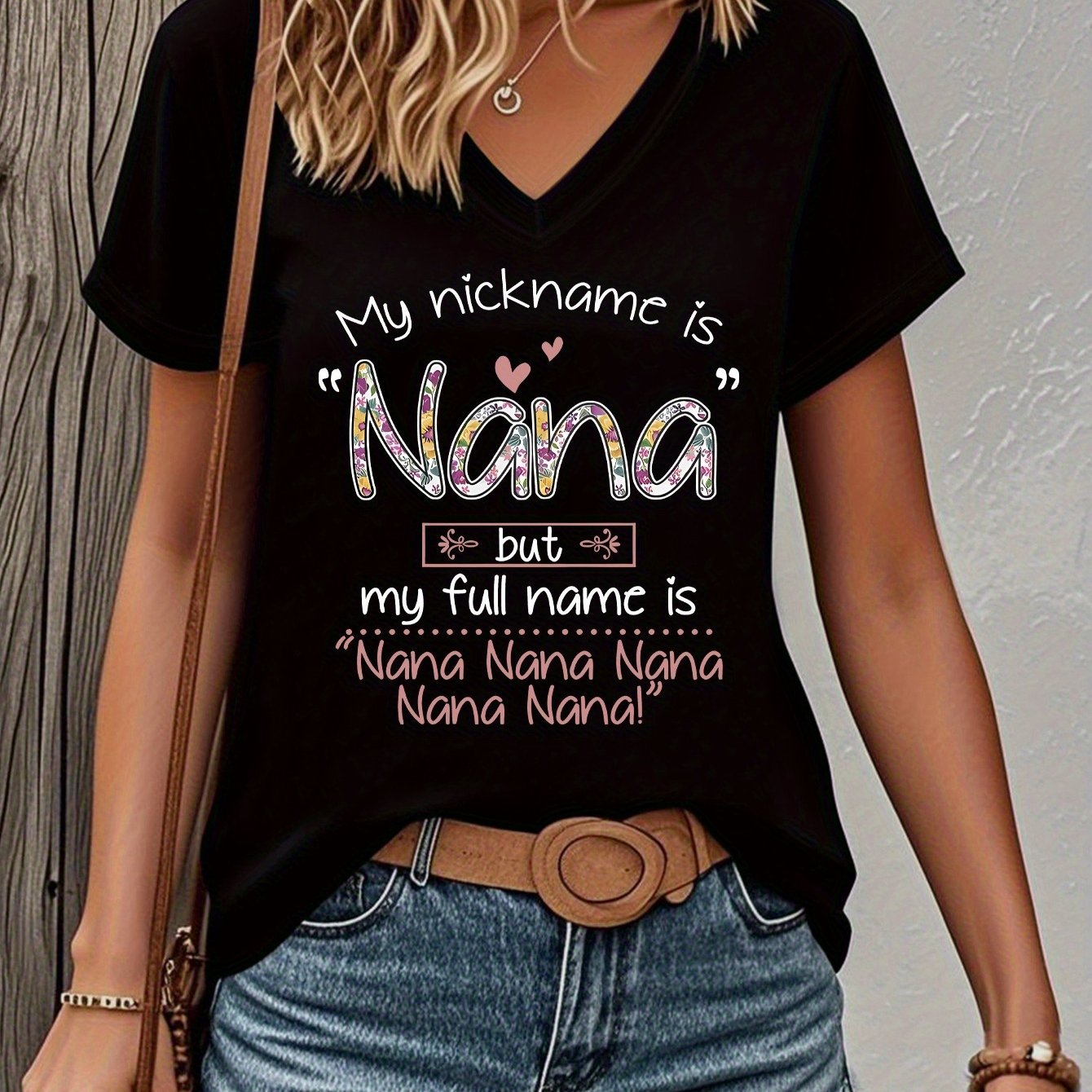 TEMU Floral '' Letter Print V-neck T-shirt, -piece Creative And Fun Printed -neck T-shirt, Street Fashion Printed V-neck T-shirt