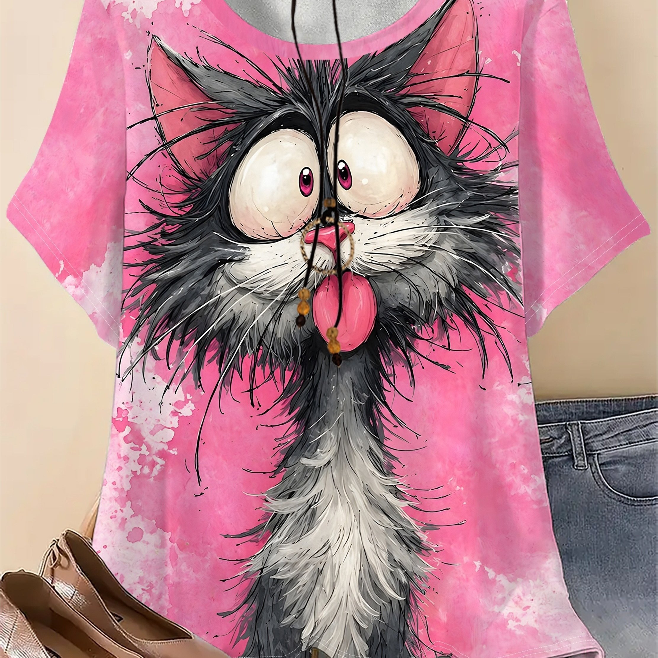 TEMU Plus Size - Plus Size, Women's T-shirt - Short-sleeved Round-neck Top With Kitten Print, Irregular Hem, Slightly Elastic Casual Shirt, Suitable
