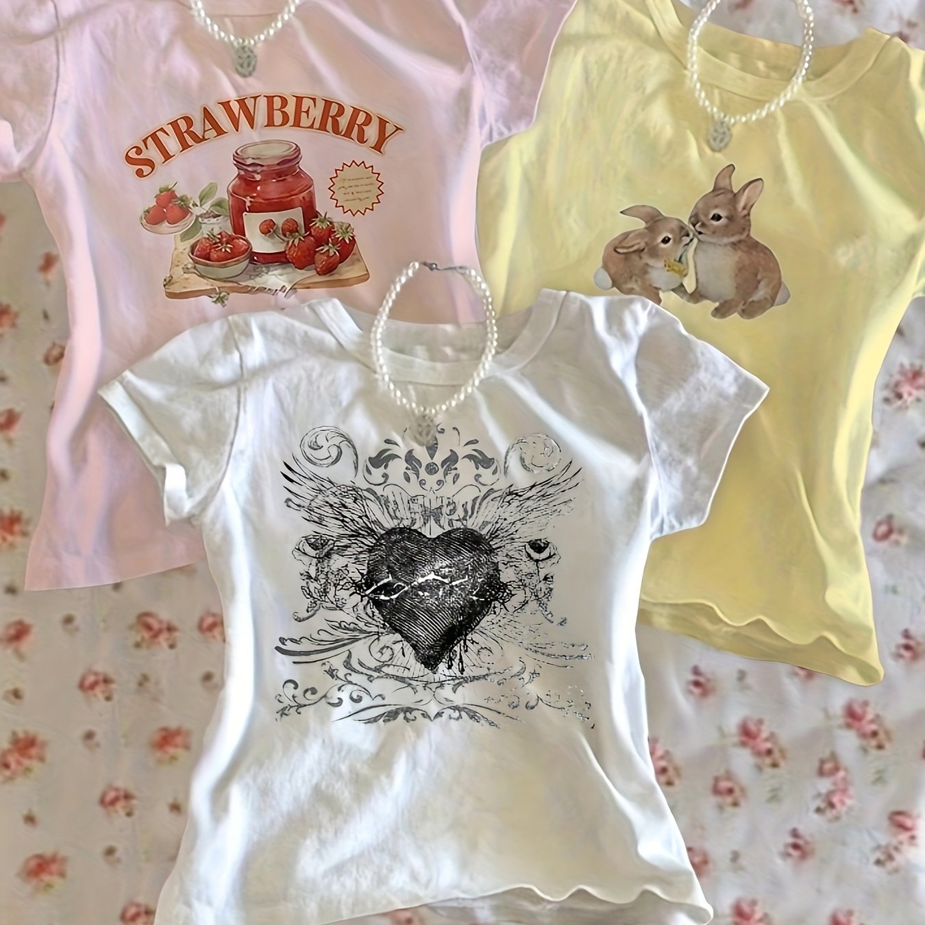 TEMU Wzh355 3pcs Set: Women's Short-sleeve Strawberry Canning Heart Rabbit Print Top, European And , Fresh And Girly, Ins-style, Street Fashion