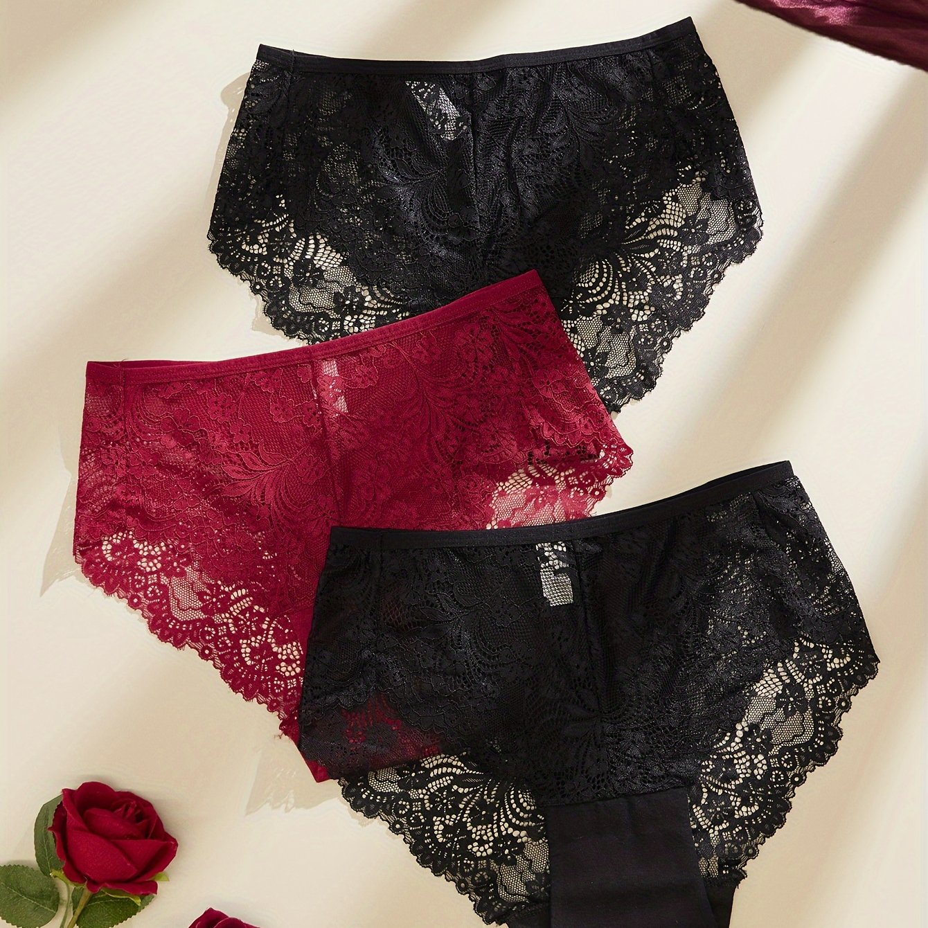 Image of 3pcs Set Of Women's Lace High-waist Panties, Panties Set Combination