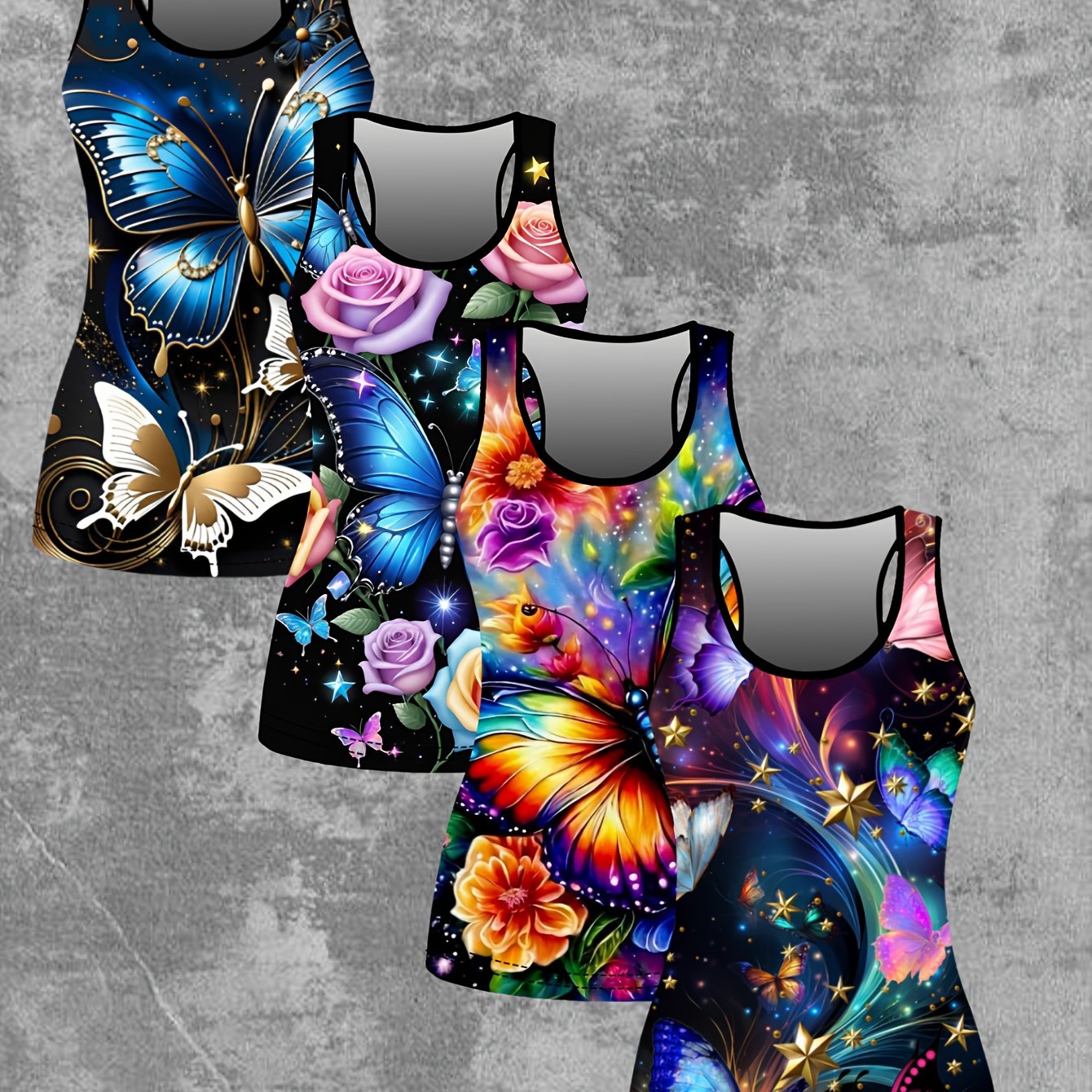 TEMU 4pcs Set Of And Summer Clothing Featuring A Sleeveless Tank Top With A Colorful Of Butterflies And Roses