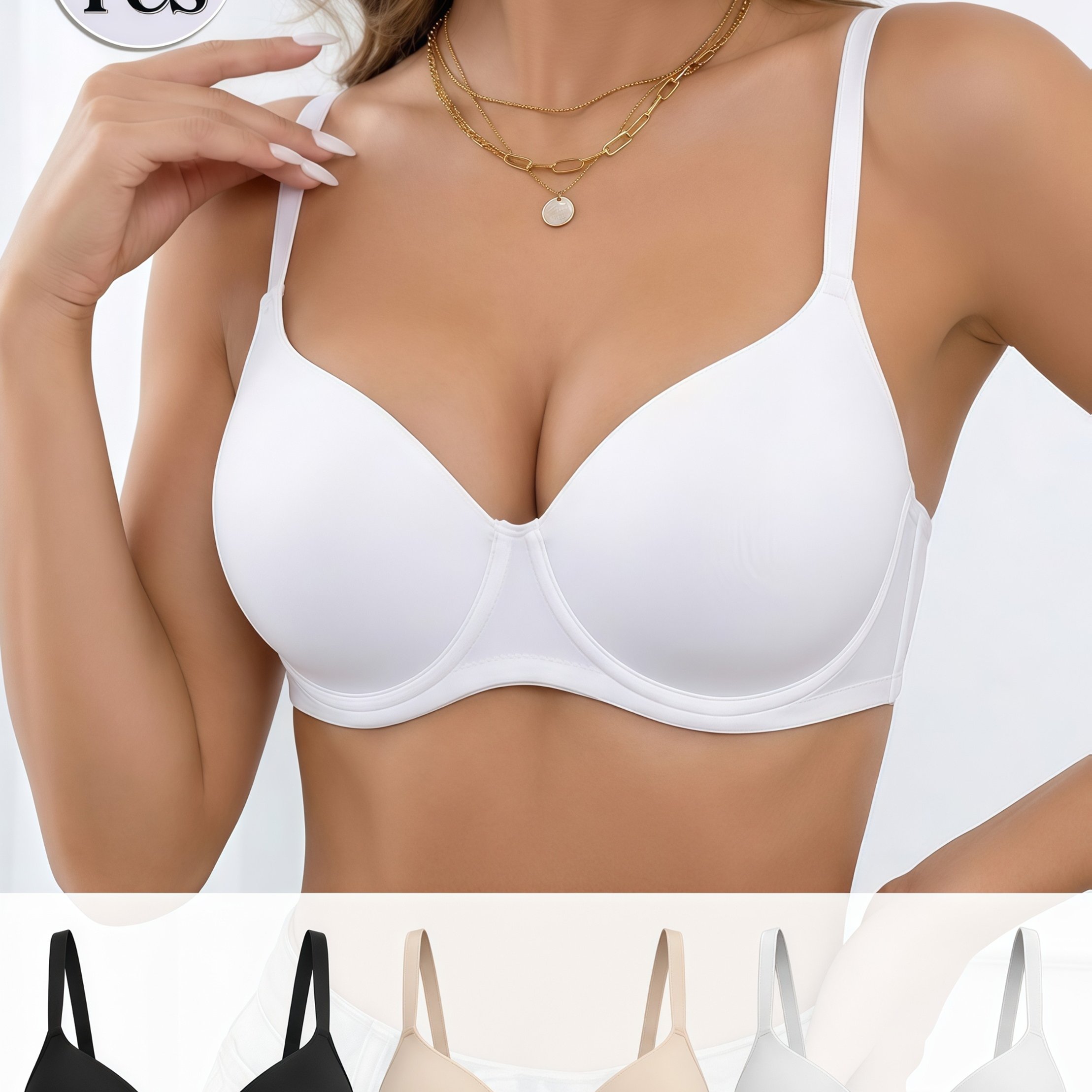 3pcs Women's Underwear, Solid Color, Push-up With Underwire, Breathable Non-removable Padding, Anti-sagging Bra
