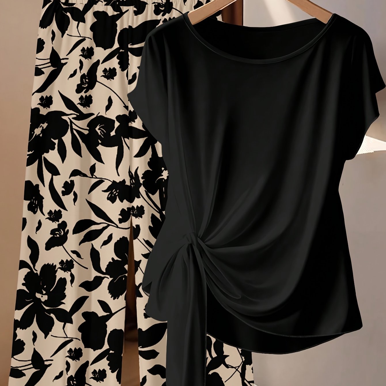 TEMU Plus Size Women's 2pcs Set Floral Print Top And Casual Pants Elegant Women's Plus Size Suit Summer Outerwear
