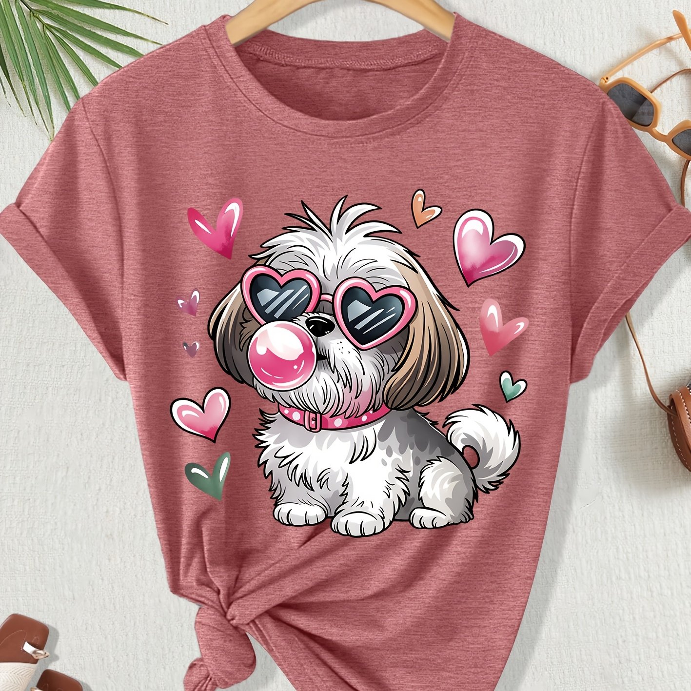 TEMU T-Shirt Femme Grande Taille Imprimé Shih Tzu - avec Lunettes de Mode Cœur et Soufflant du Chewing-Gum, Haut à Manches Courtes Col Rond et