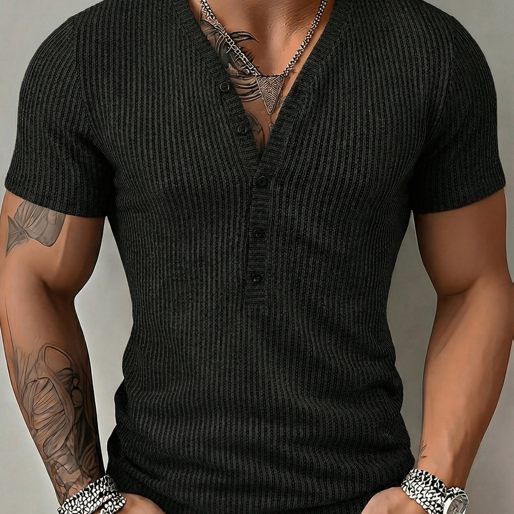 TEMU [qiaoximei And Henry Collar/henley Shirt] Men's Retro Summer Short Sleeve Henley Shirt - Casual Daily Wear - Beach Hawaiian Style - Vacation