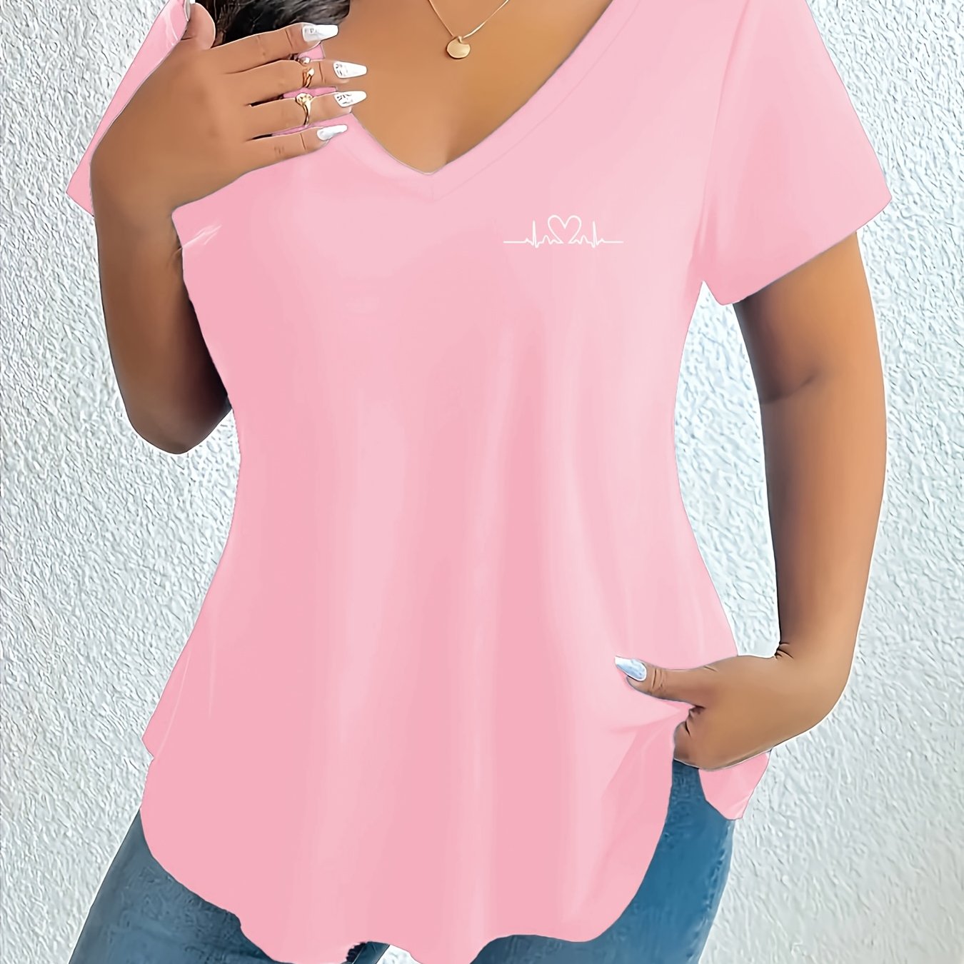 TEMU Plus Size, Plus Size Women's V-neck Geometric Pattern T-shirt