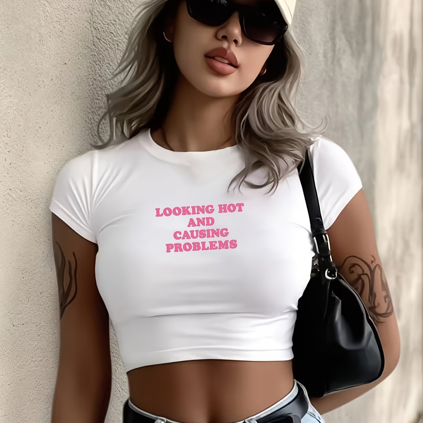 TEMU Easy Style Cropped T-shirt With The Print 'looking Hot And Causing Problems' On Short Sleeves