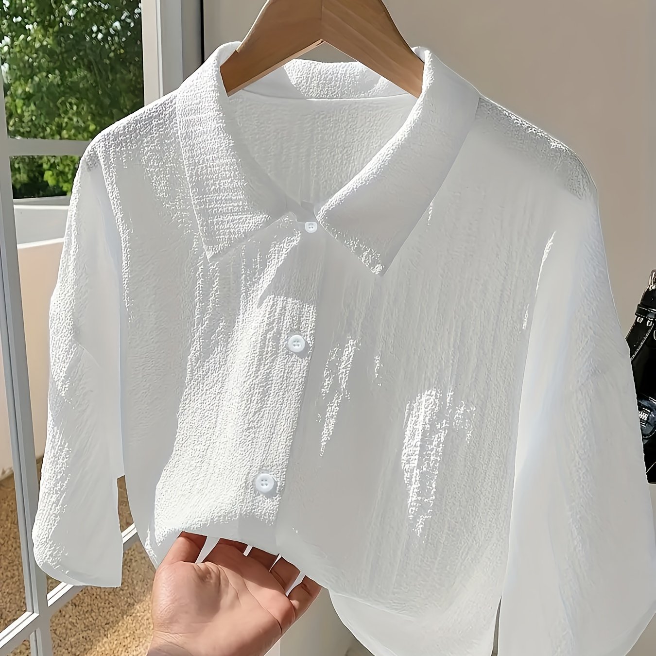 TEMU 9403 Elegant Special Solid Color Lapel Semi-transparent Casual Versatile Women's Shirt