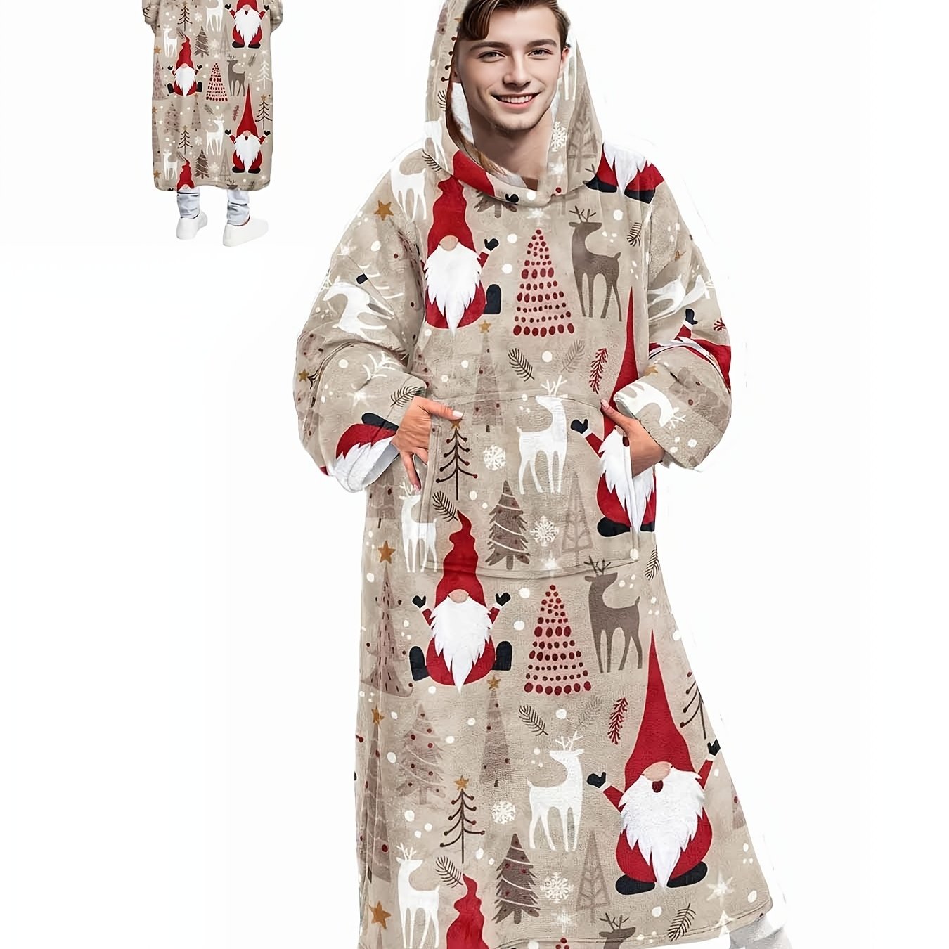 TEMU 's Casual Christmas Reindeer And Gnome Print Hooded Robe Set, Featuring A Comfortable Long Sleepwear With Pockets, Breathable And Skin-friendly