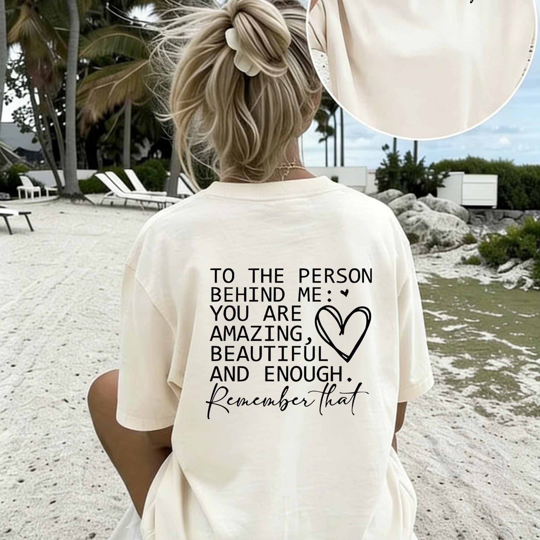 TEMU Women'-sided Positive Affirmation T-shirt - "to The Person Behind Me: , Beautiful & Enough" Back Print Crew Neck Top, Casual Short Sleeve Summer