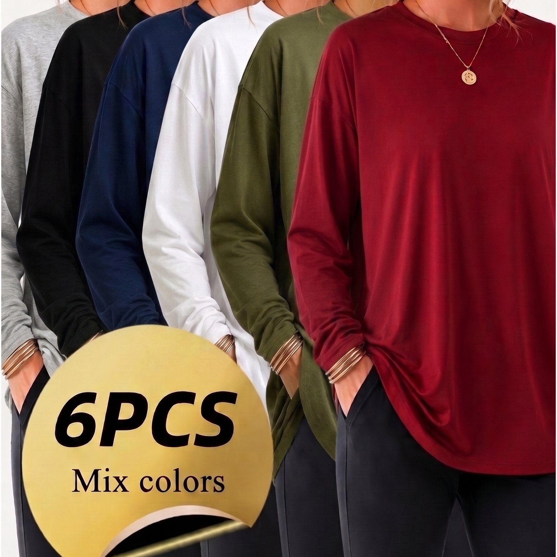 TEMU Women's 6-pack Long Sleeve T-shirts, Loose Fit Breathable Lightweight Crew Neck Workout Tops, 100% Shirts For Running, Gym, Casual Wear, Fall