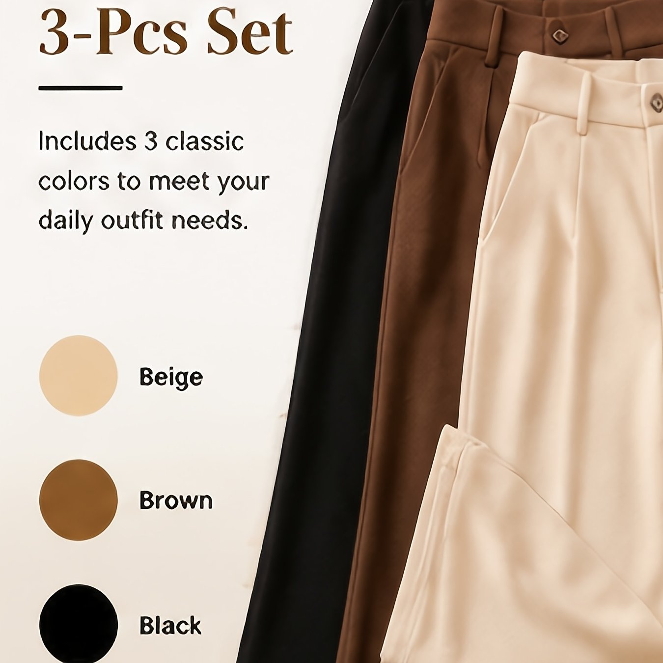 Image of 3pcs High-waist Pleated Wide-leg Pants, Wrinkle-resistant Soft Neutral- Long Pants With Pockets, Vintage-style Office Casual Pants, In Beige, Brown, And Black