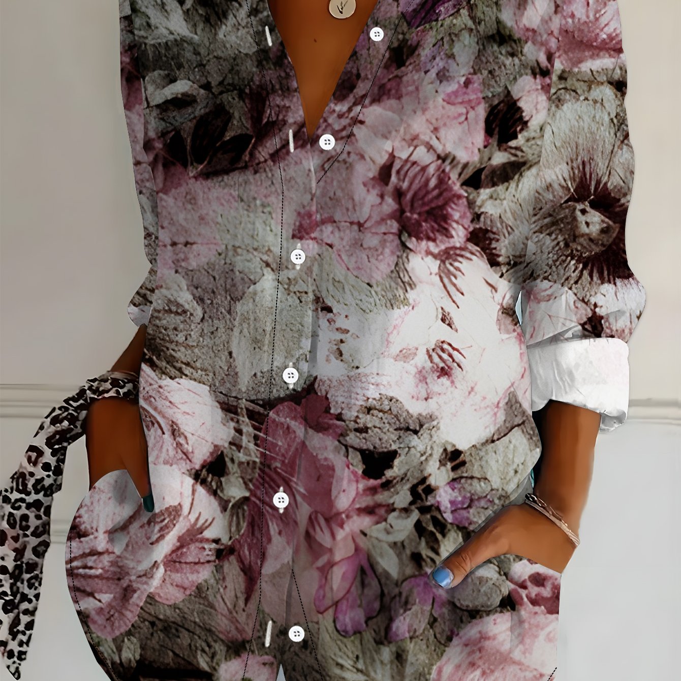 TEMU Plus Size Women's Long Sleeve Shirt, Retro Style Printed Loose Shirt With Floral Pattern, Mid-length Women's Long Sleeve Collared Shirt In