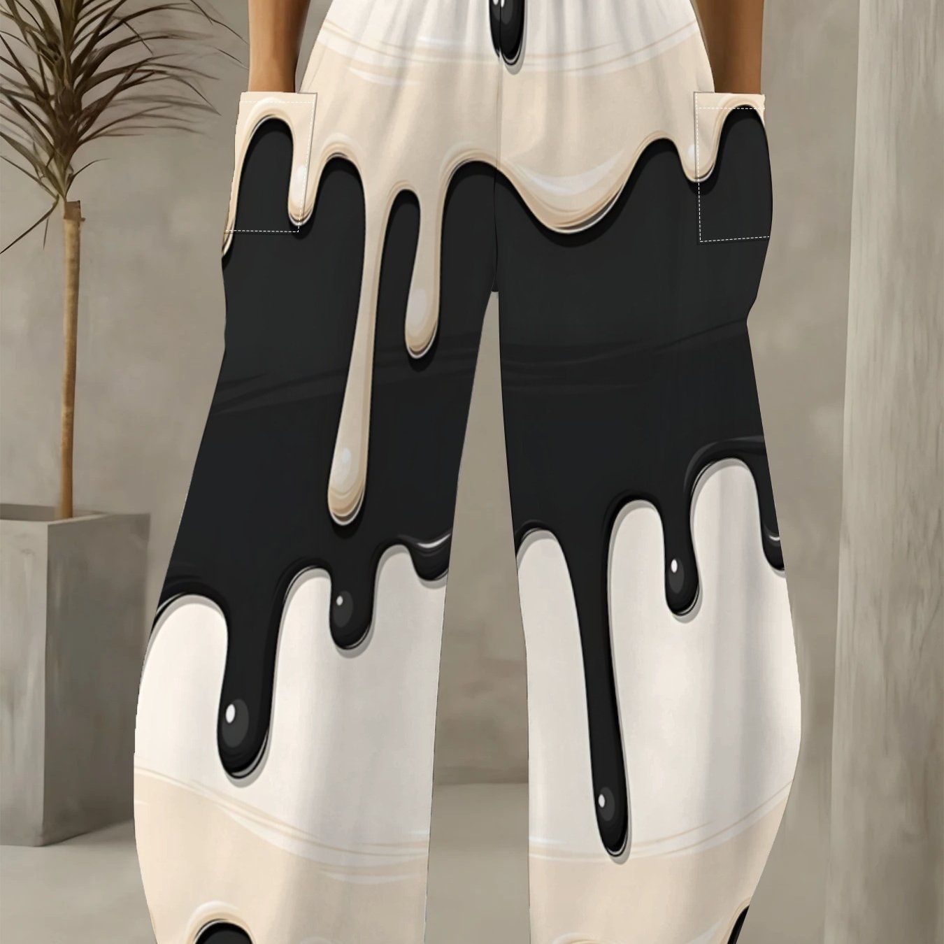 TEMU Plus Size, Plus-size Women's Cool Milky Gradient Wide-leg Pants - Black, White, And Beige Three-color Milky Gradient Print With A Cool And