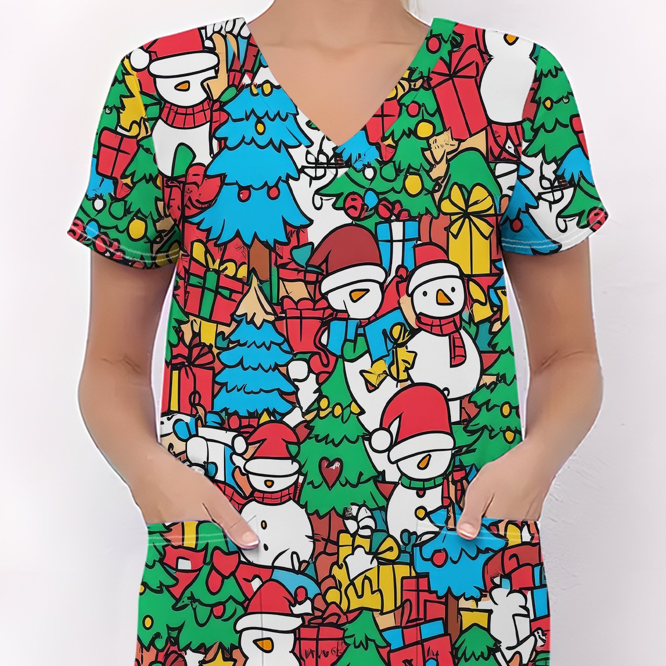 TEMU Women' Size Nurse Uniform For Christmas, Colorful Christmas , Snowman, Christmas Tree And Gifts Full Of Printed T-shirt, Soft And Elastic,