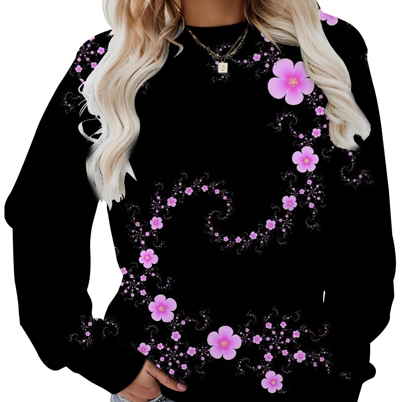 TEMU Plus Size Women's Casual Crew Neck Sports Sweatshirt, Solid Black With Floral Print, Crew Neck Long Sleeve Pullover - Soft And Casual, Suitable