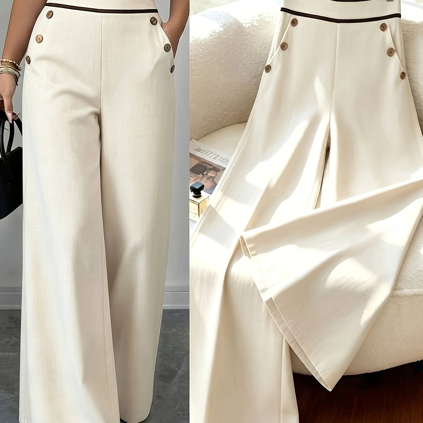 TEMU Pantalones largos de mujer, diseño casual de bloques de color con bolsillo y botones, pantalones para todas , adecuados para diversas ocasiones