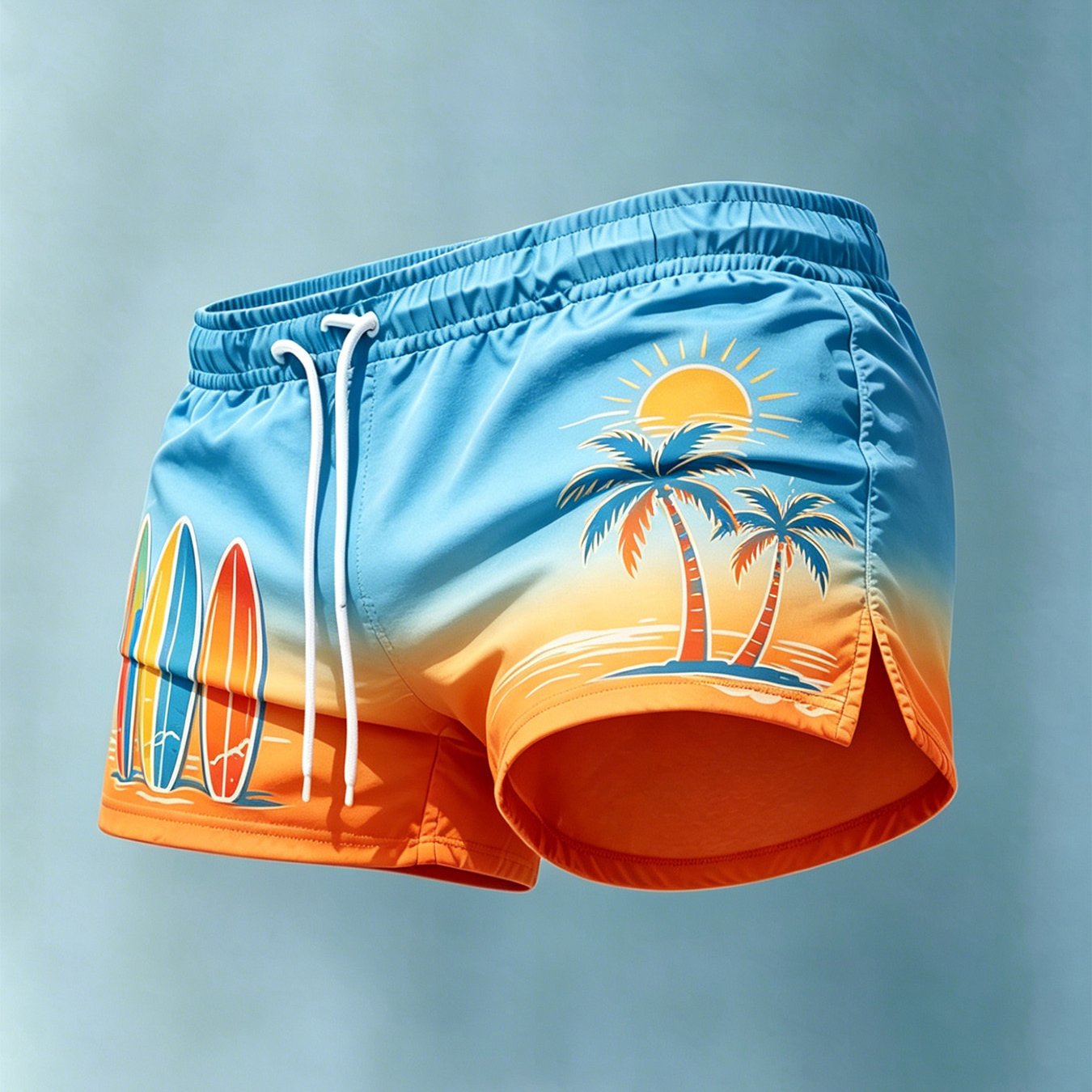 Image of New Arrival Men's Swim Trunks Comfortable Breathable Gradient Palm Tree And Surfboard Print Swim Shorts Ideal For Vacation And Travel Perfect Gift For Men