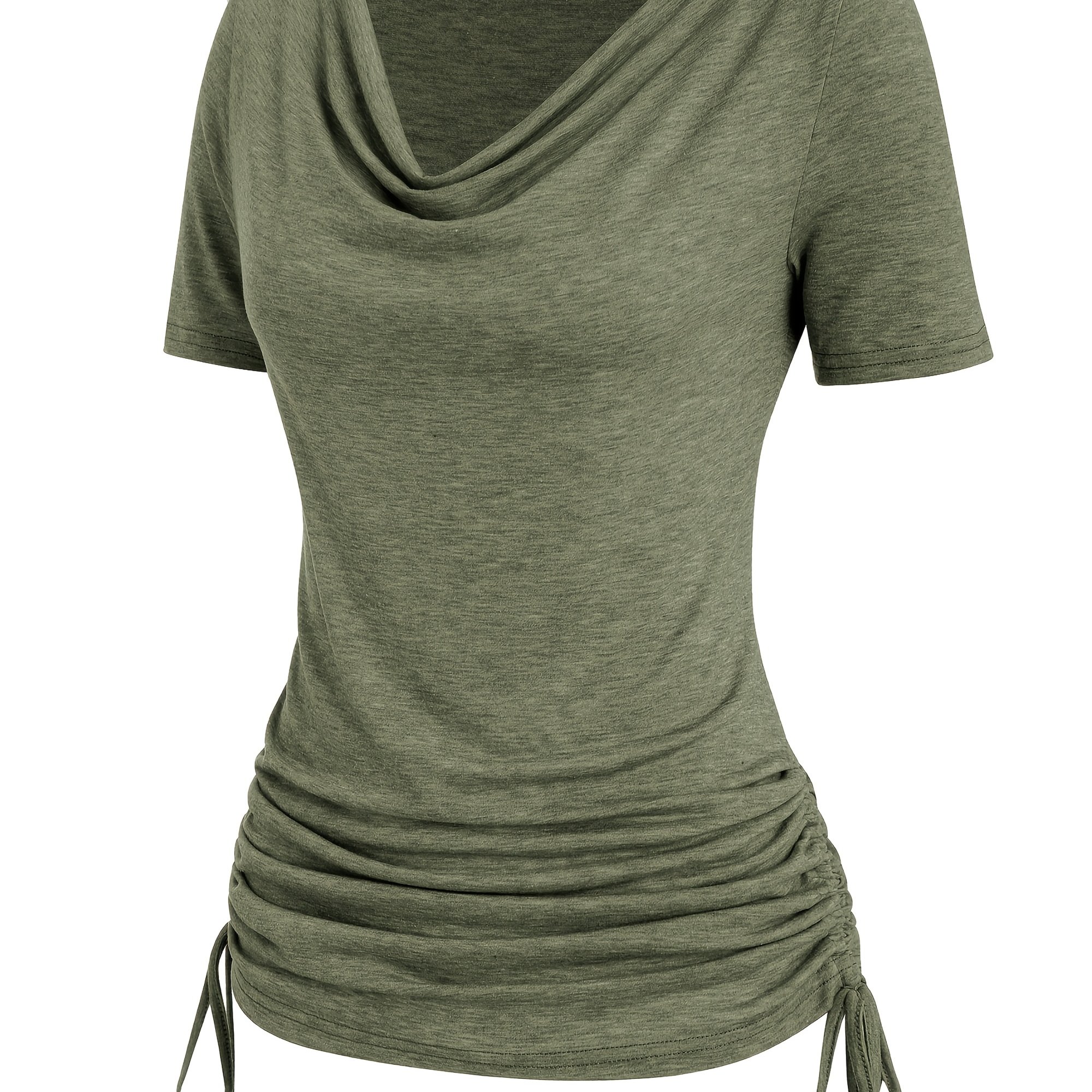 Women's Fashion High-neck Pleated T-shirt Casual Solid Color Stretch Polyester Blend