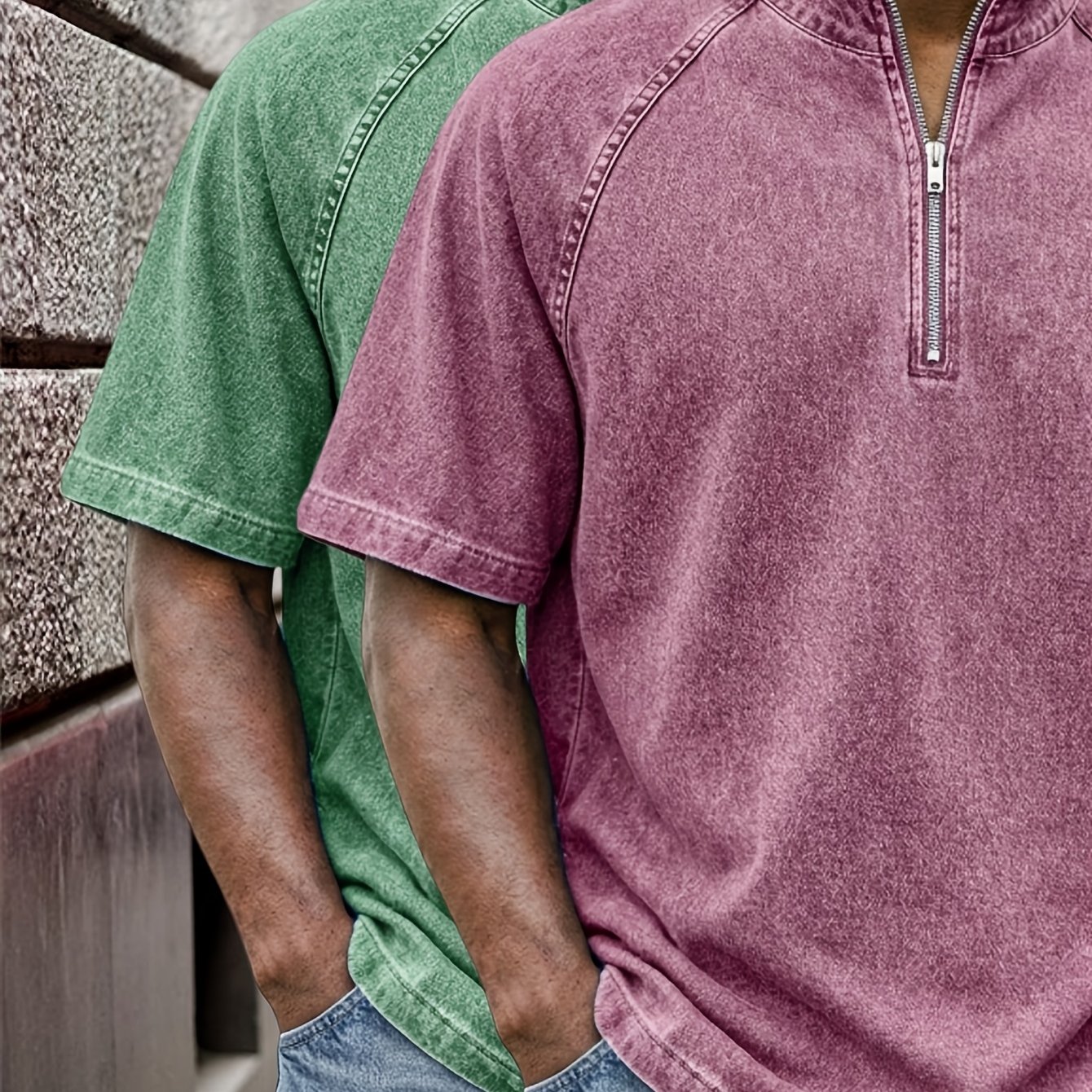 Image of 2pcs Men's Half-zip Washed T-shirt, Vintage Quarter Zip Up Short Sleeve Denim Shirt, Raglan Sleeve, Loose Fit, Cotton, Stand Collar, Distressed Casual Summer Tops, Sweatshirt, Workout Travel Sport Tee