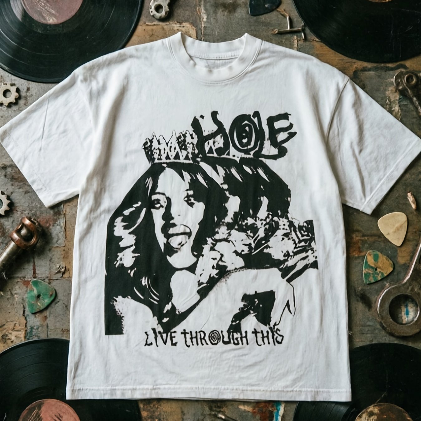TEMU 90s Retro Gothic Band T-shirt - Distressed Vintage Round Neck Tee, Designed Style For Spring And Summer