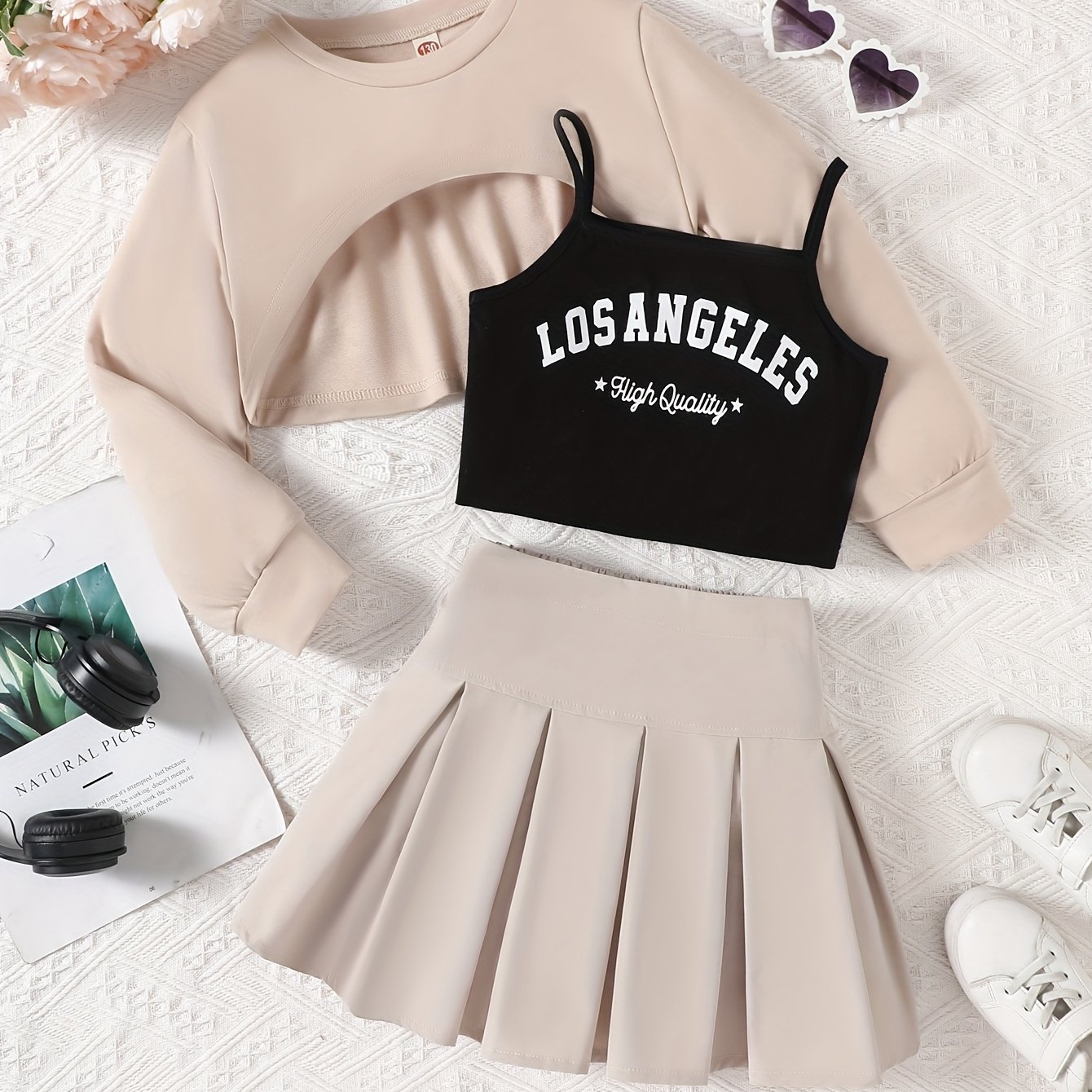 Image of Girls' Spring Autumn Outdoor 3pcs Set, Long Sleeve Shirt, Los Angeles Print Vest And Pleated Skirt, Machine Washable