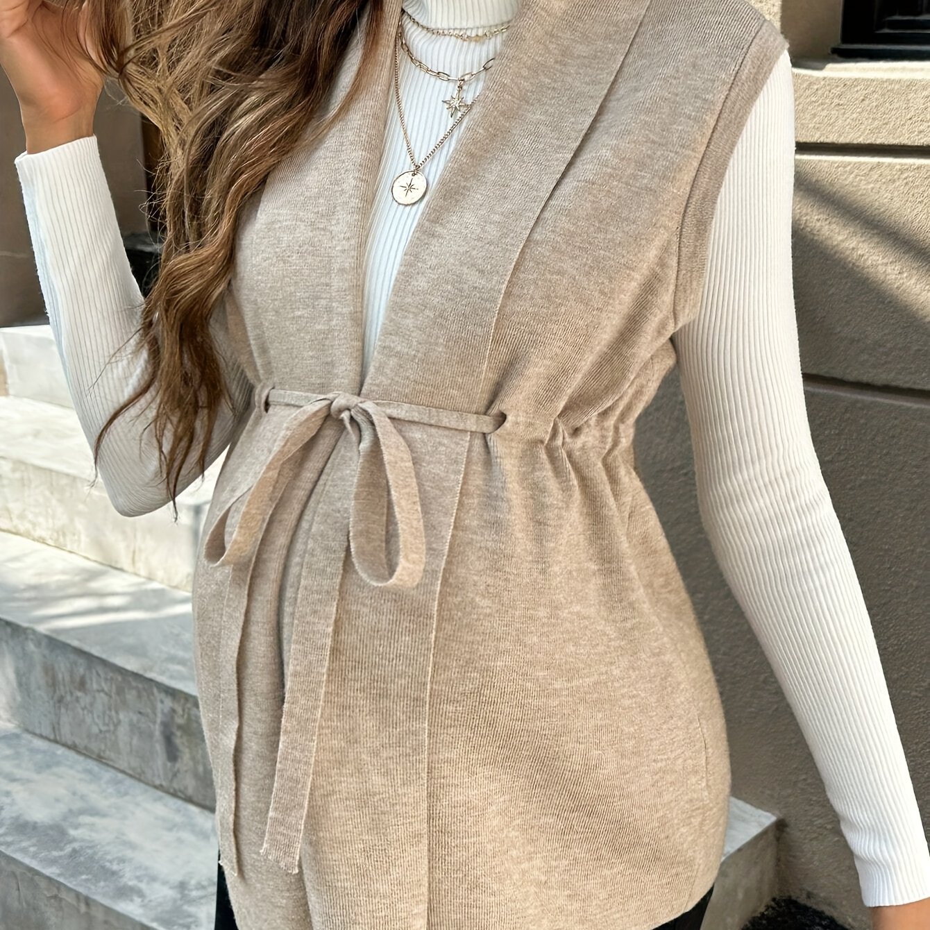 TEMU Maternity Sleeveless Casual Knit Vest With Front Tie