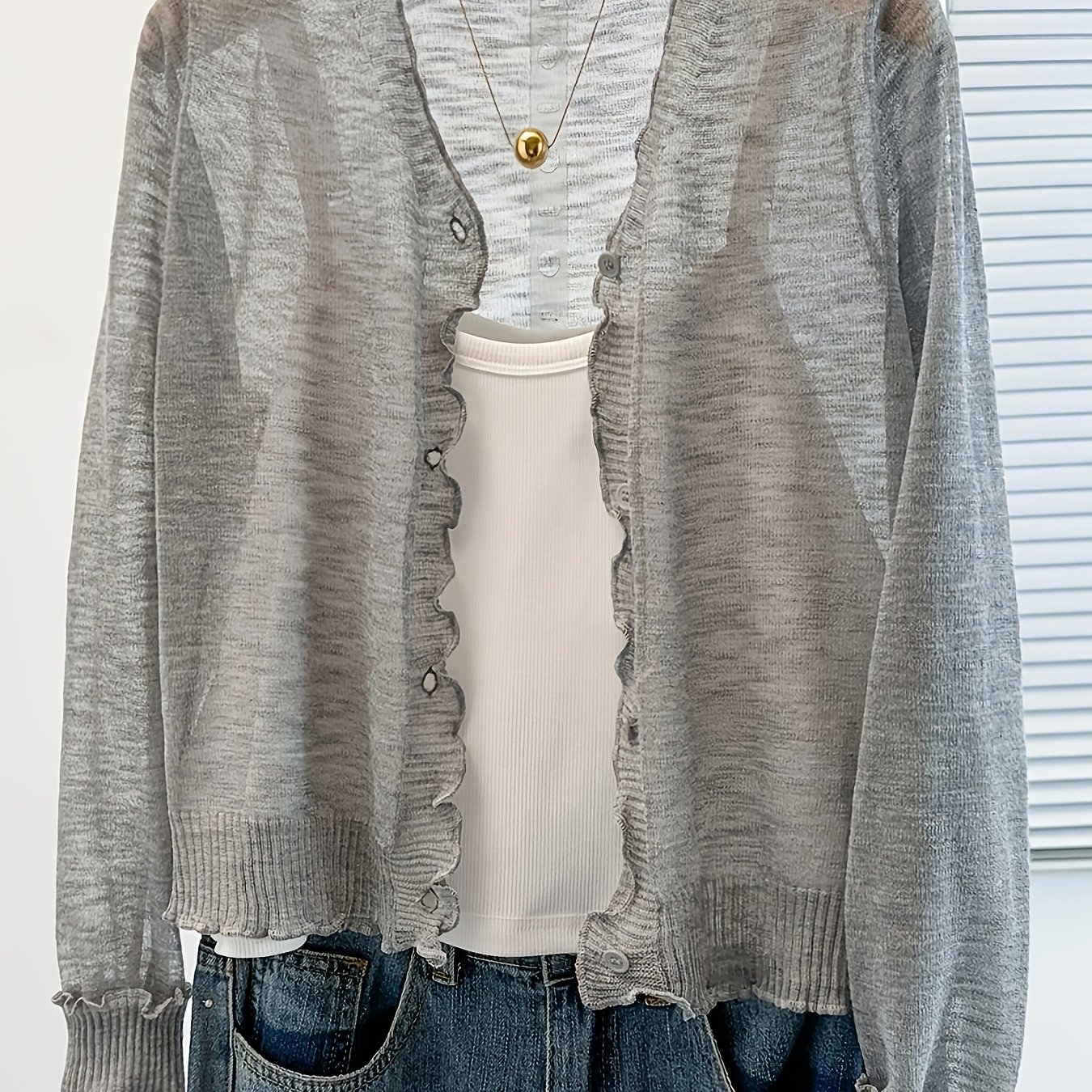 TEMU Solid Color Minimalist Thin Cardigan, Spring/summer Short Long-sleeve Air-conditioned Room Sweater, Designer Ruffle Fashion Shawl Cover-up For