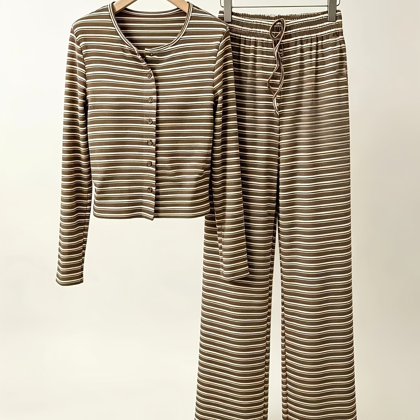 TEMU Women's Striped 2pcs Set, Autumn, Colorblock Stripes, Casual Retro, Ribbed Craft, Suitable For Daily Home, , And Commuting Wear