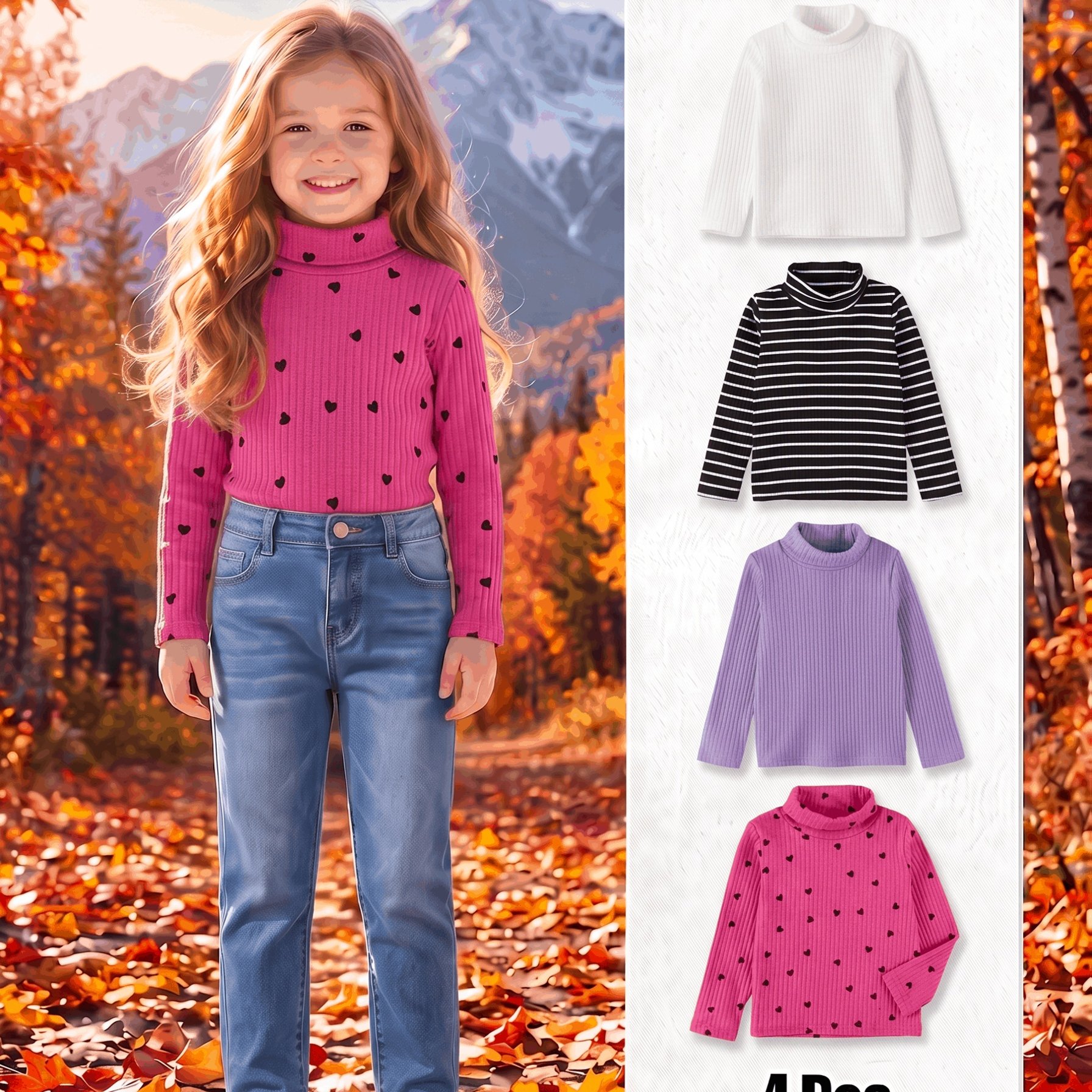 4pcs Girls' High-Neck Stylish Pullover Sweater Set, Autumn/Spring
