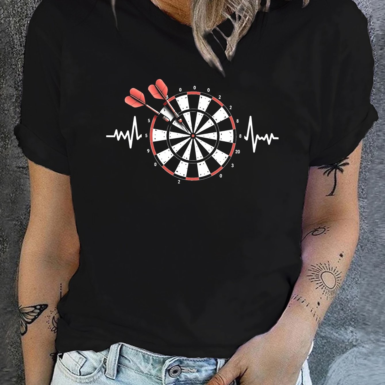TEMU Central Dartboard With Darts Print T-shirt, Short Sleeve Crew Neck Casual Top For Summer & Spring, Women's Clothing