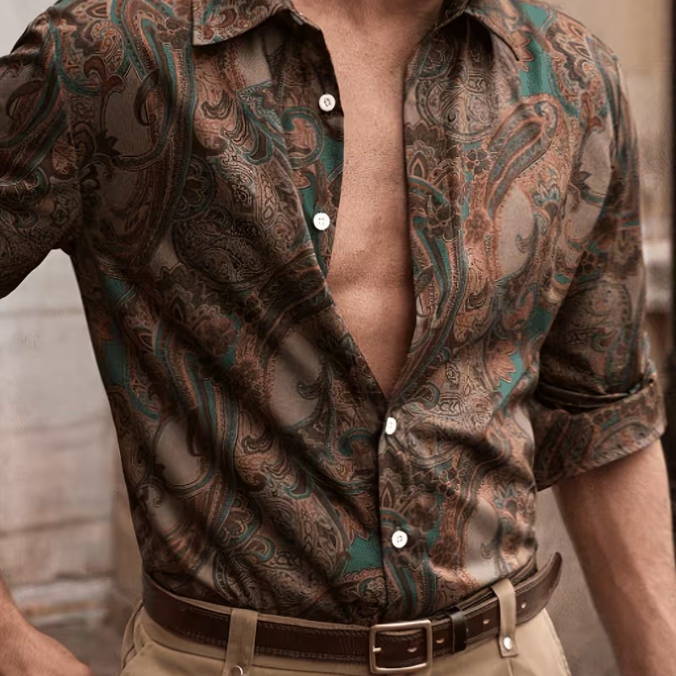 TEMU Old Money Outfits Men's Paisley Casual Long Sleeve Shirt, Fashionable Retro Ethnic Woven Top