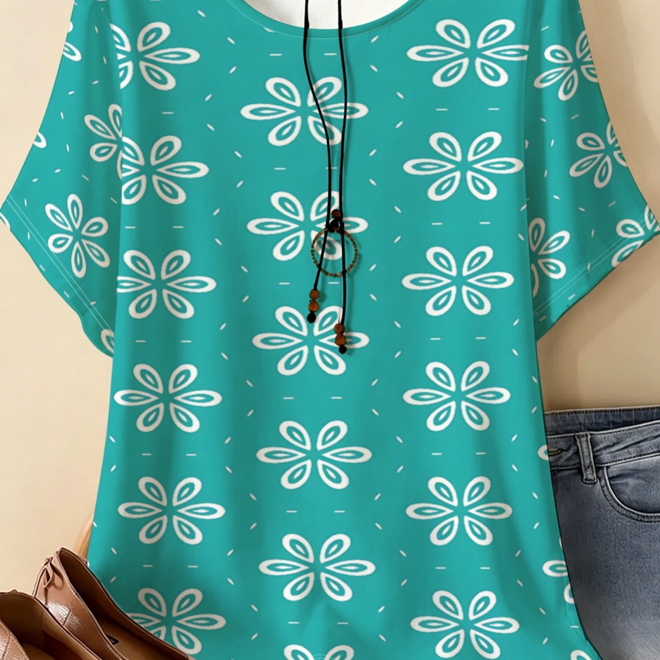 TEMU Women's Plus Size Round Neck T-shirt, Lake White Lace Petal Geometric Floral Round Neck Short Sleeve T-shirt, Bohemian Plus Size Top