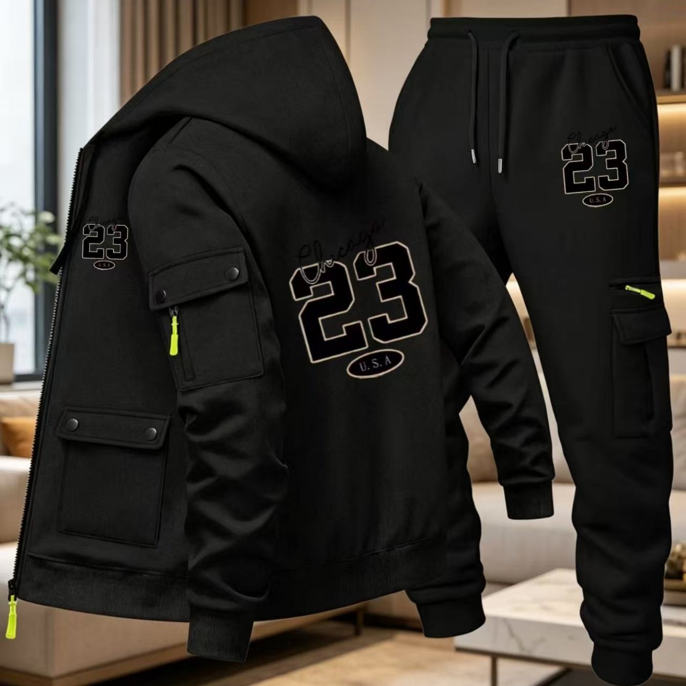 TEMU Men's Letter Chicago Print Trendy Brand Cargo Set, Men's Hooded Cardigan Sweatshirt And Ankle Pants