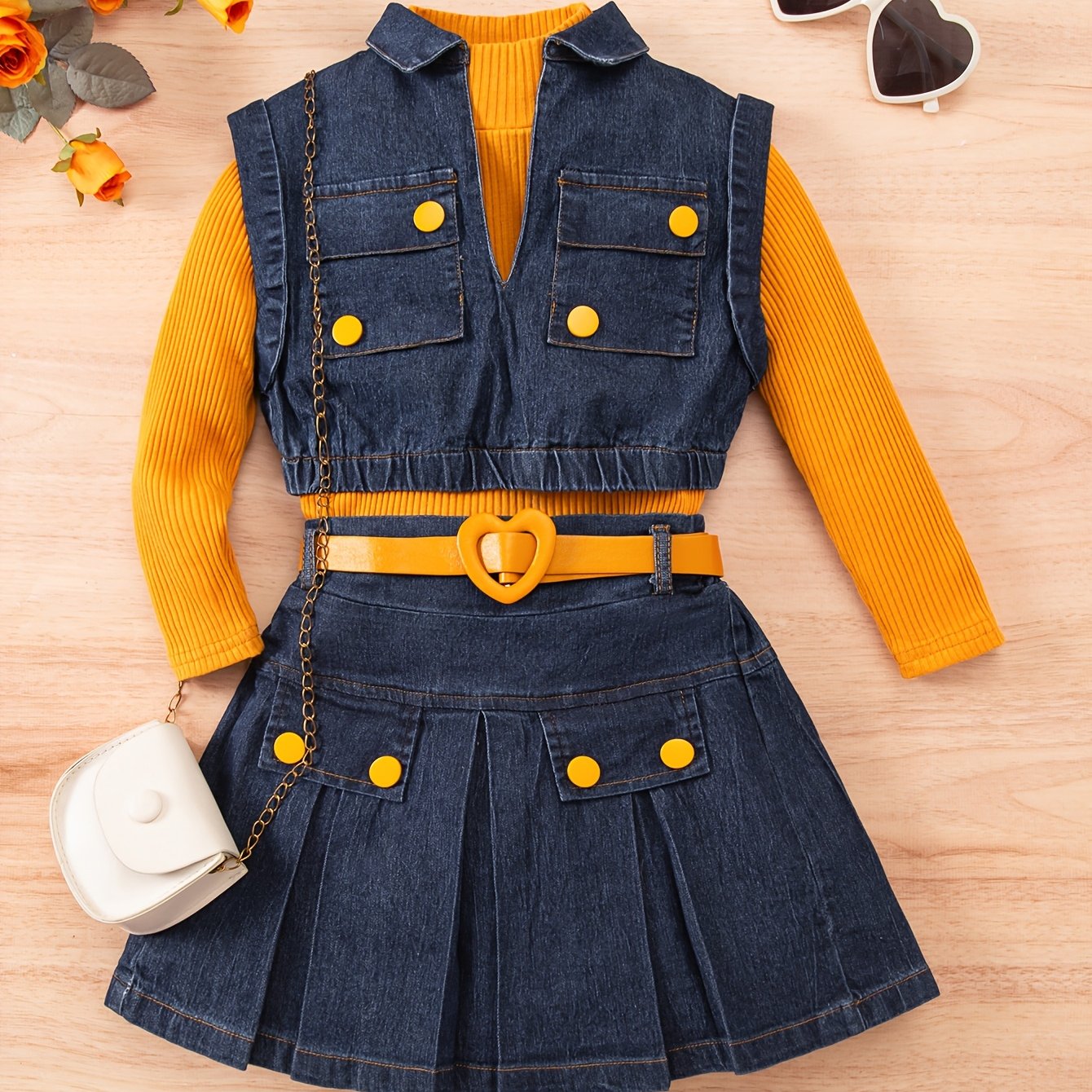 TEMU Girls' Autumn/winter Long Sleeve Button-decorated Denim Skirt Set With Heart-shaped Belt, Sweet And , Suitable For Daily And Party Wear, For