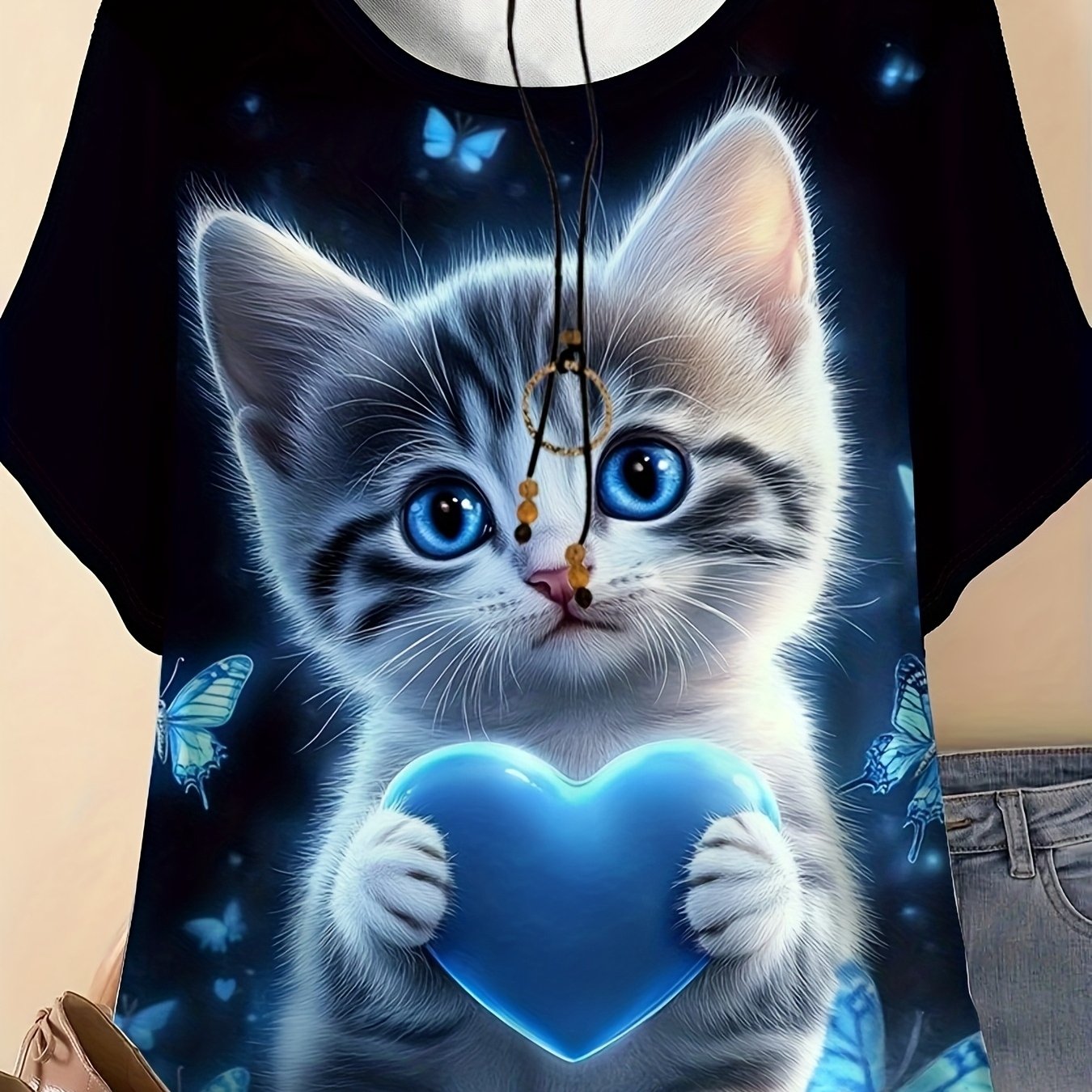 TEMU Plus Size, Plus Sizes Women's Casual Crew Neck T-shirt- Cute Cat Print, Elastic , Machine Washable Spring/summer/autumn Top, Fashionable Trendy