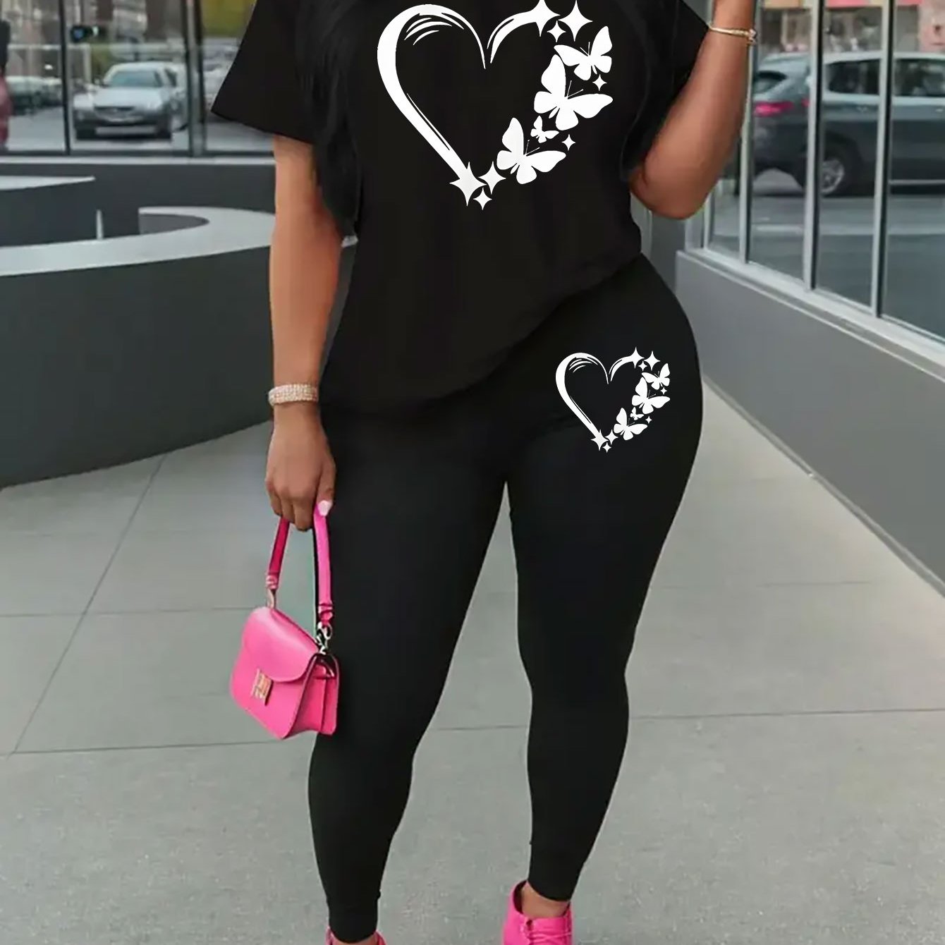 TEMU Love Printed Women'-piece Set, Women's Fashionable Casual Short Sleeved T-shirt&leggings Set