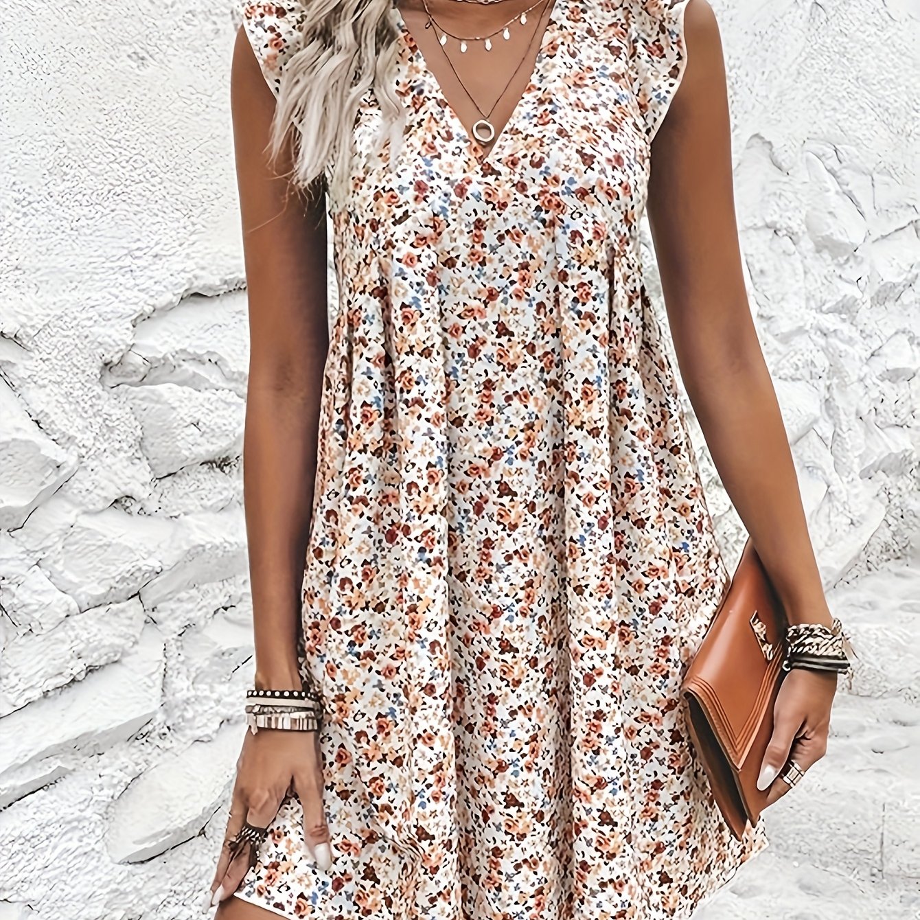 TEMU Women's French Mid-length V-neck Sleeveless Floral Dress