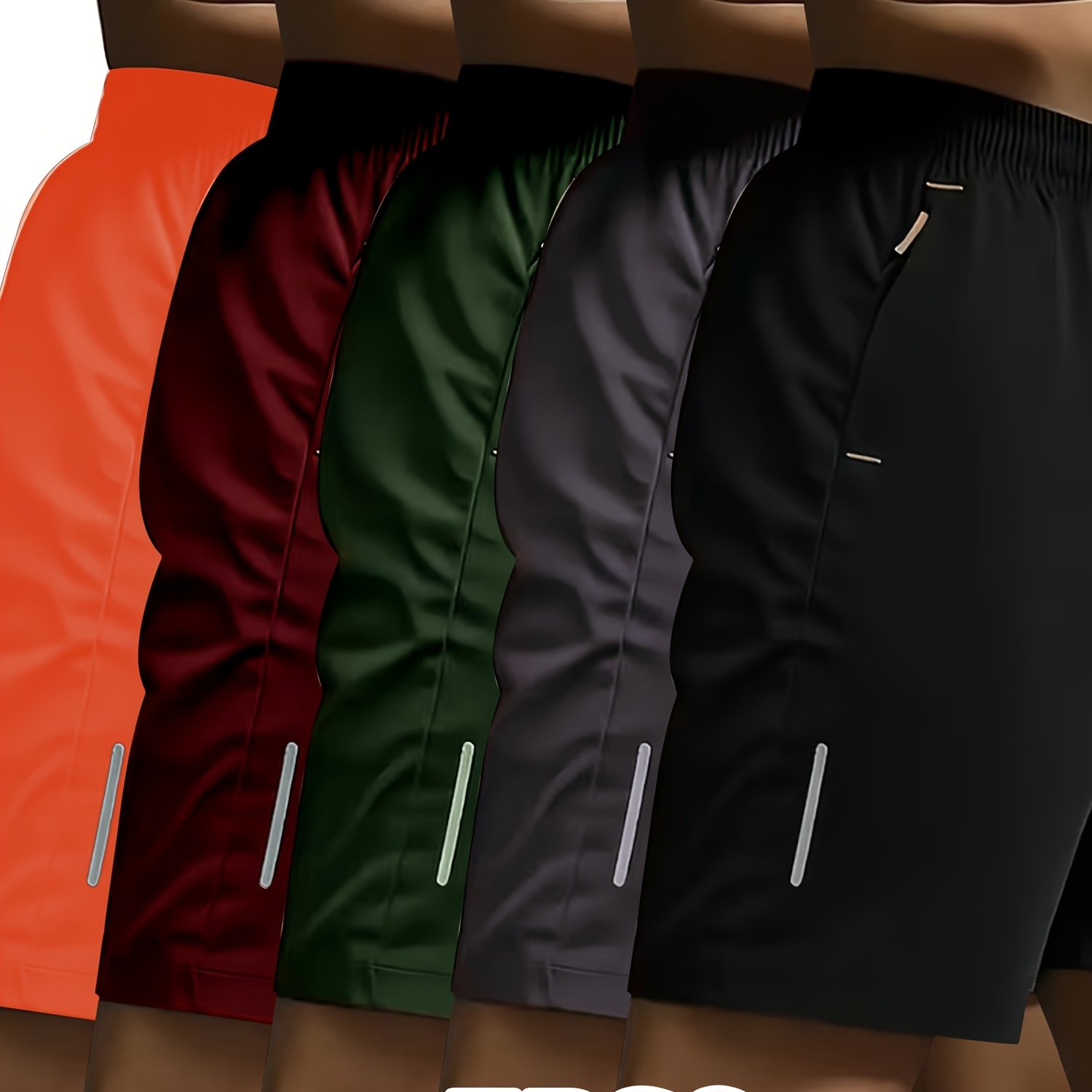 TEMU 5pcs Mixed Pc Of Men's Sporty Casual Shorts In Black, Gray, Army Green, Burgundy, And Orange. Reflective Strip Print Design, Dual-side Zipper