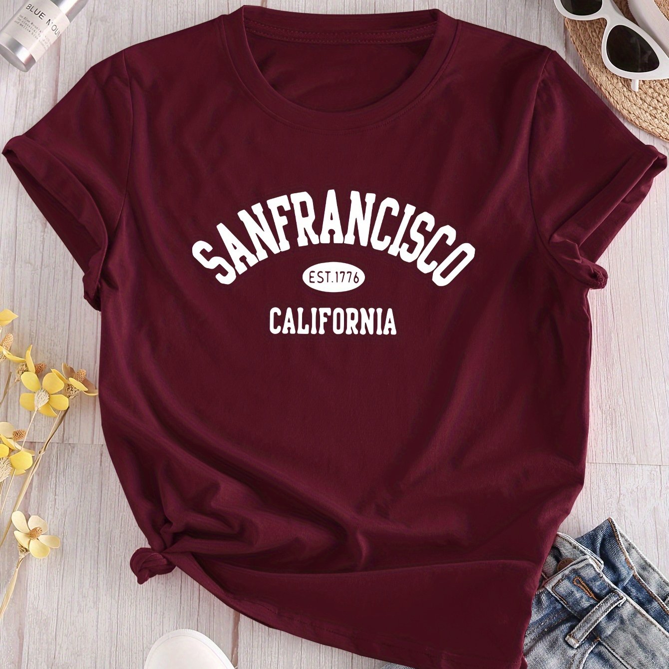 TEMU California Printed Women's T-shirts, Short-sleeved Round Neck Casual Tops For Spring, Summer, And Autumn