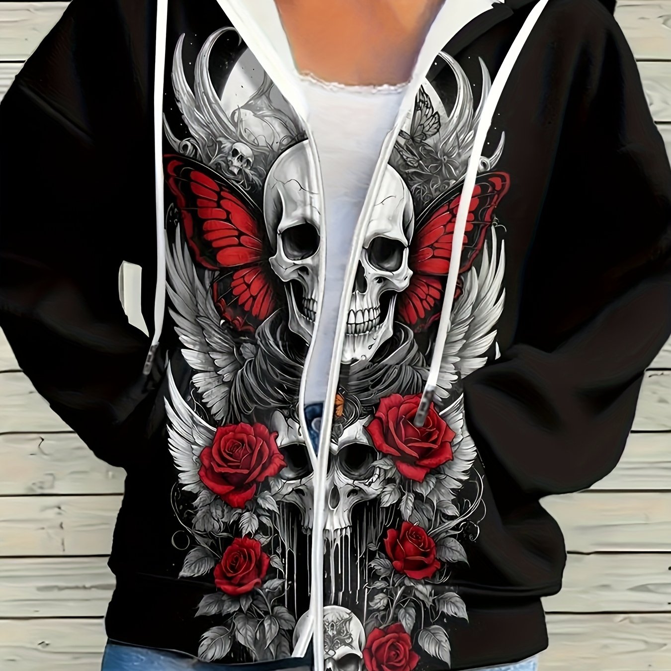 TEMU Sweat-shirt à capuche zippé grande taille pour femmes, imprimé floral crâne et rose, élégant et , style gothique. Sweat-shirt à capuche zippé à