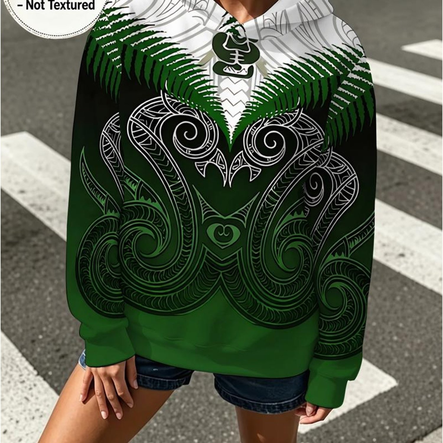 TEMU [printed Design - Not Textured] Women's Fashion Hoodie, Maori - Style Pattern, Green And Black Color Scheme, Multiple Specifications Available,