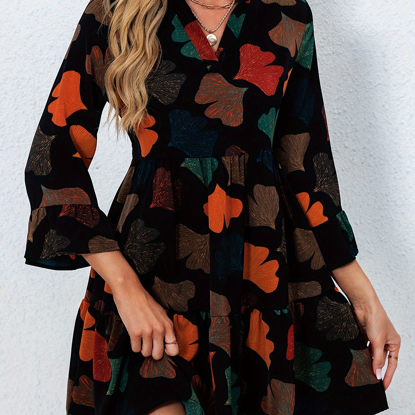 TEMU Print V-neck , Long Sleeve Ruffle Hem A- For & Fall, Women's Clothing