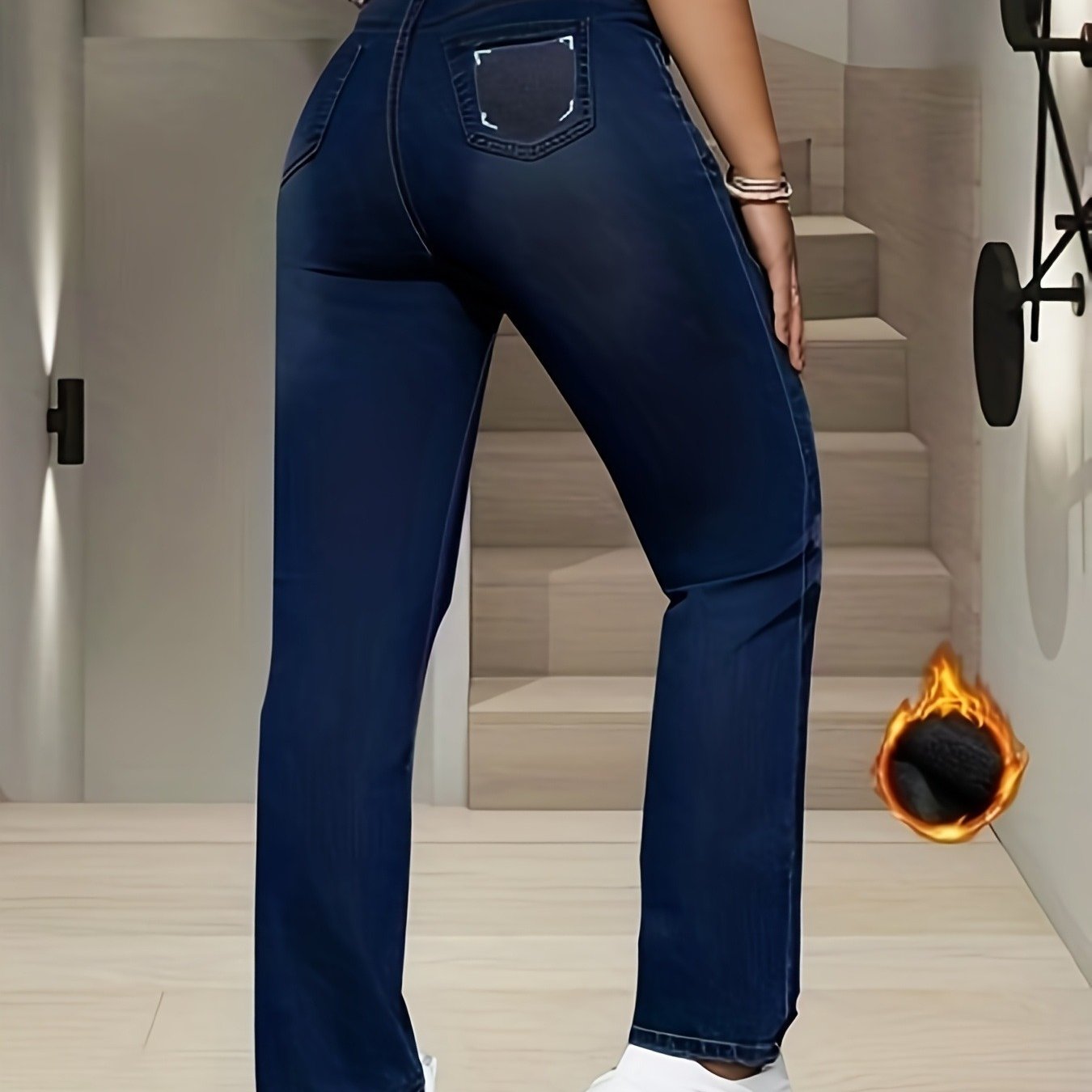 Image of Women's Winter Warm -lined Straight-leg Jeans - Elastic Abdomen- Pants With Plush Denim Trousers, Dark Closure Suitable For Casual Casual Attire, Machine Washable Straight Leg Trousers