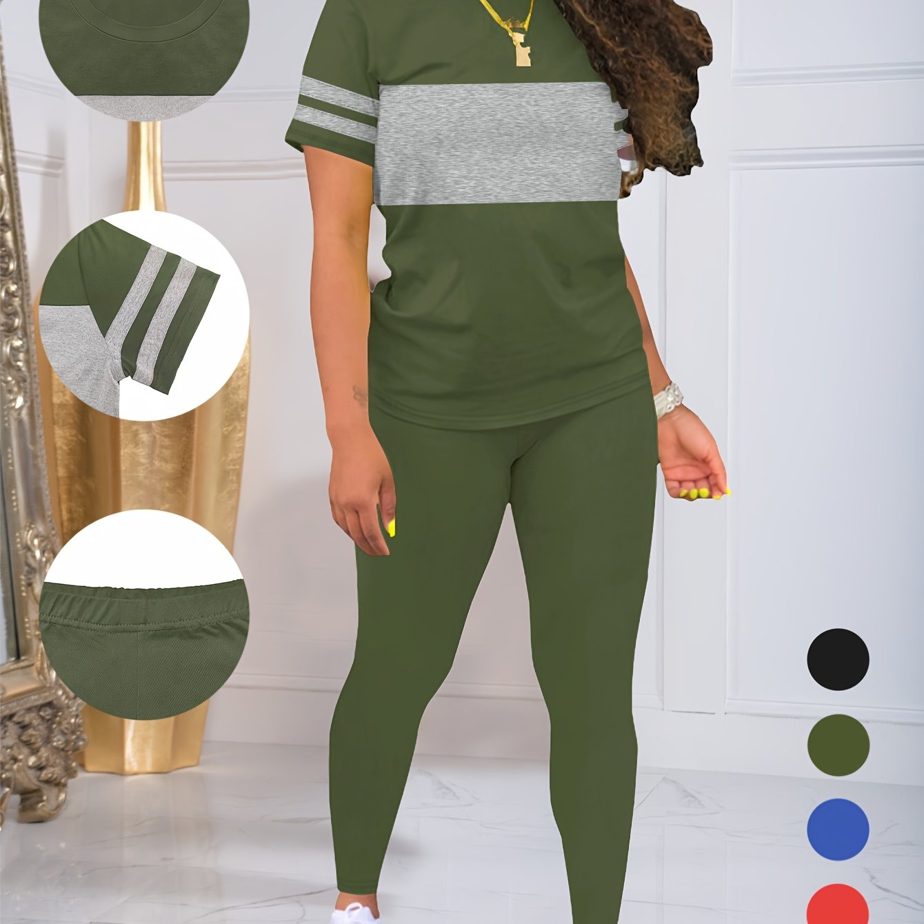 TEMU Women's Spring/summer Round Neck Short Sleeve Top And Pants Set Solid Color Contrast Stretch Suit