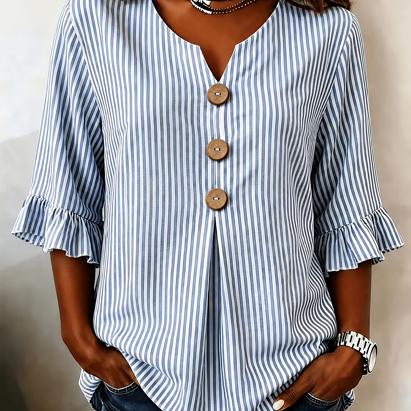 TEMU Plus Size, Plus Size Women's Shirt Top, Summer Fashion New Style Striped Loose V-neck Blouse
